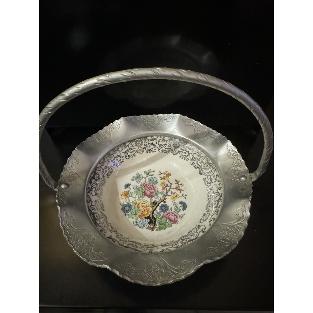 Vintage FARBER  SHLEVIN Candy Bowl Basket Dish FINE CHINA ALUMINUM